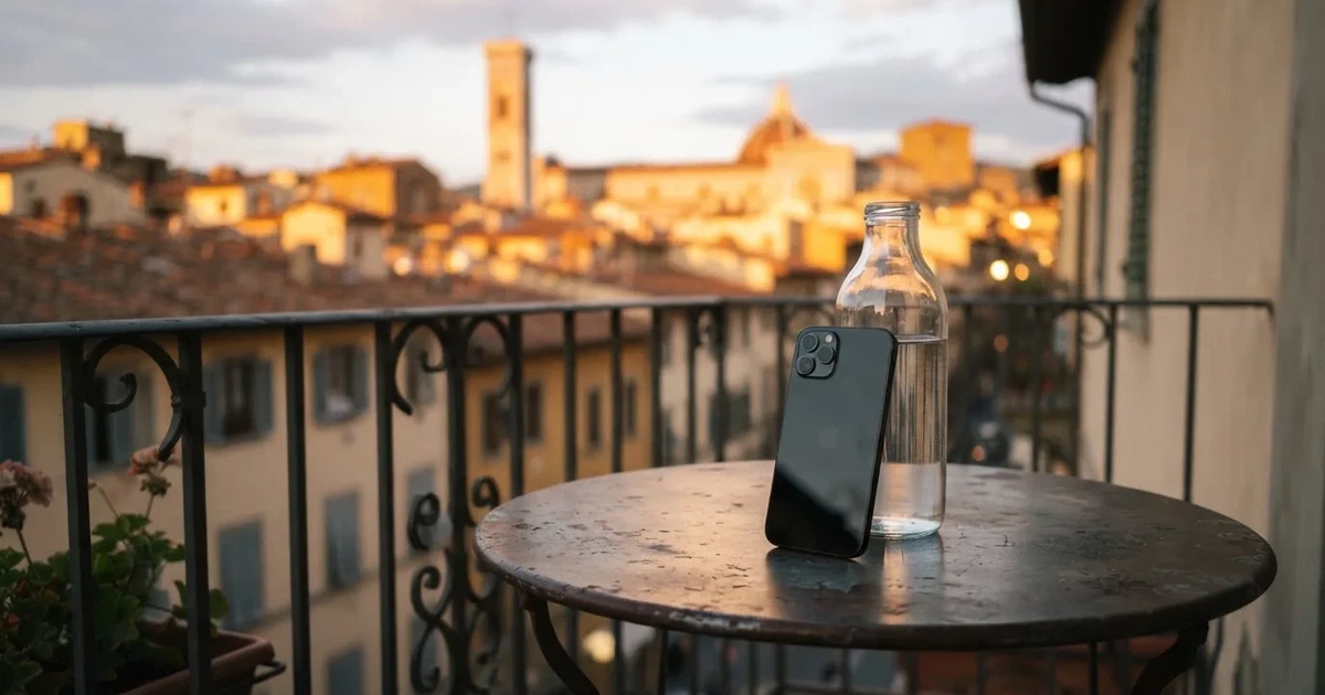 Ein Smartphone mit dunklem Display lehnt an einer Glasflasche auf einem Balkontisch, dahinter liegt eine Altstadt in der Abendsonne.