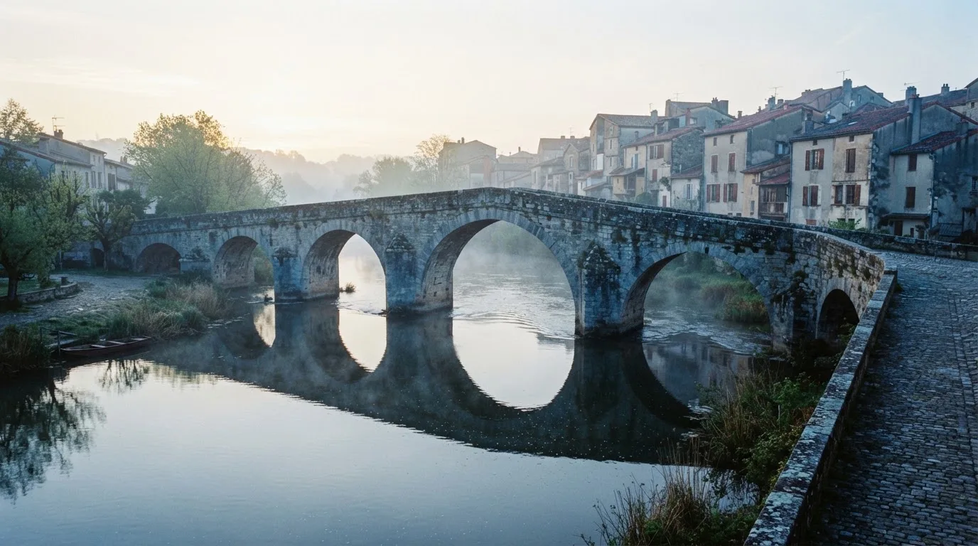 Eine steinerne Bogenbrücke überspannt am frühen Morgen einen Fluss in einer Altstadt, auf dem Wasser liegt dünner Nebel.