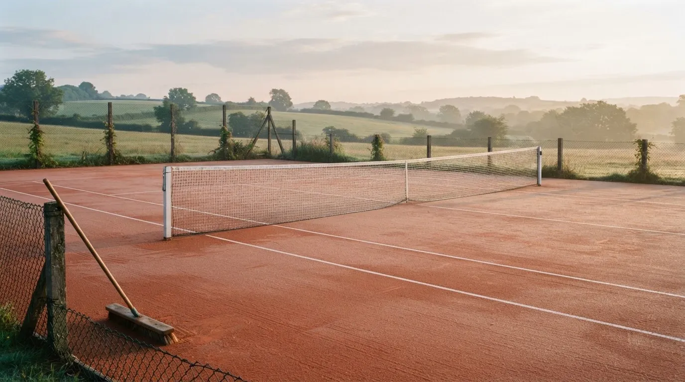 Ein Sandplatz für Tennis liegt bei Morgengrauen leer da, Tau glänzt auf dem Netz, hinter dem Zaun steigen Wiesen an.