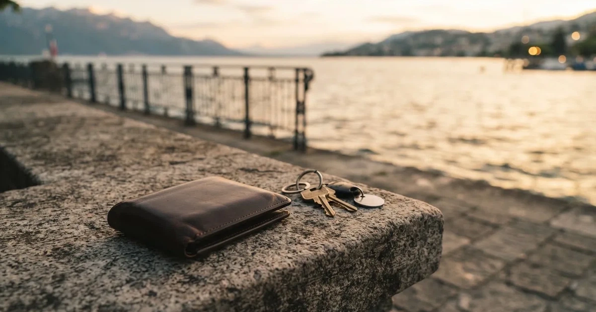 Eine Lederbörse und ein Schlüsselbund liegen auf der Steinbrüstung einer Seepromenade, dahinter glitzert der See im späten Nachmittagslicht.