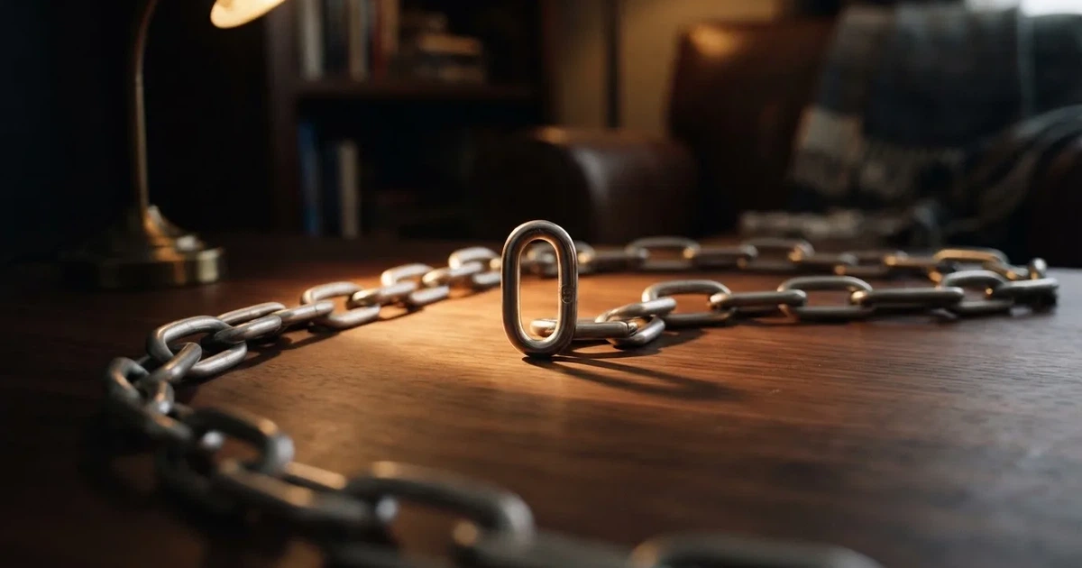 Eine Kette aus silbernen Gliedern liegt ausgebreitet auf dunklem Holz, ein einzelnes Glied ist von einer Lampe hell beleuchtet.