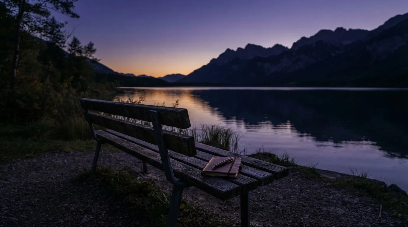Eine Holzbank steht in der Dämmerung am Seeufer, im Hintergrund zeichnet sich ein Bergpanorama gegen den violetten Himmel ab.