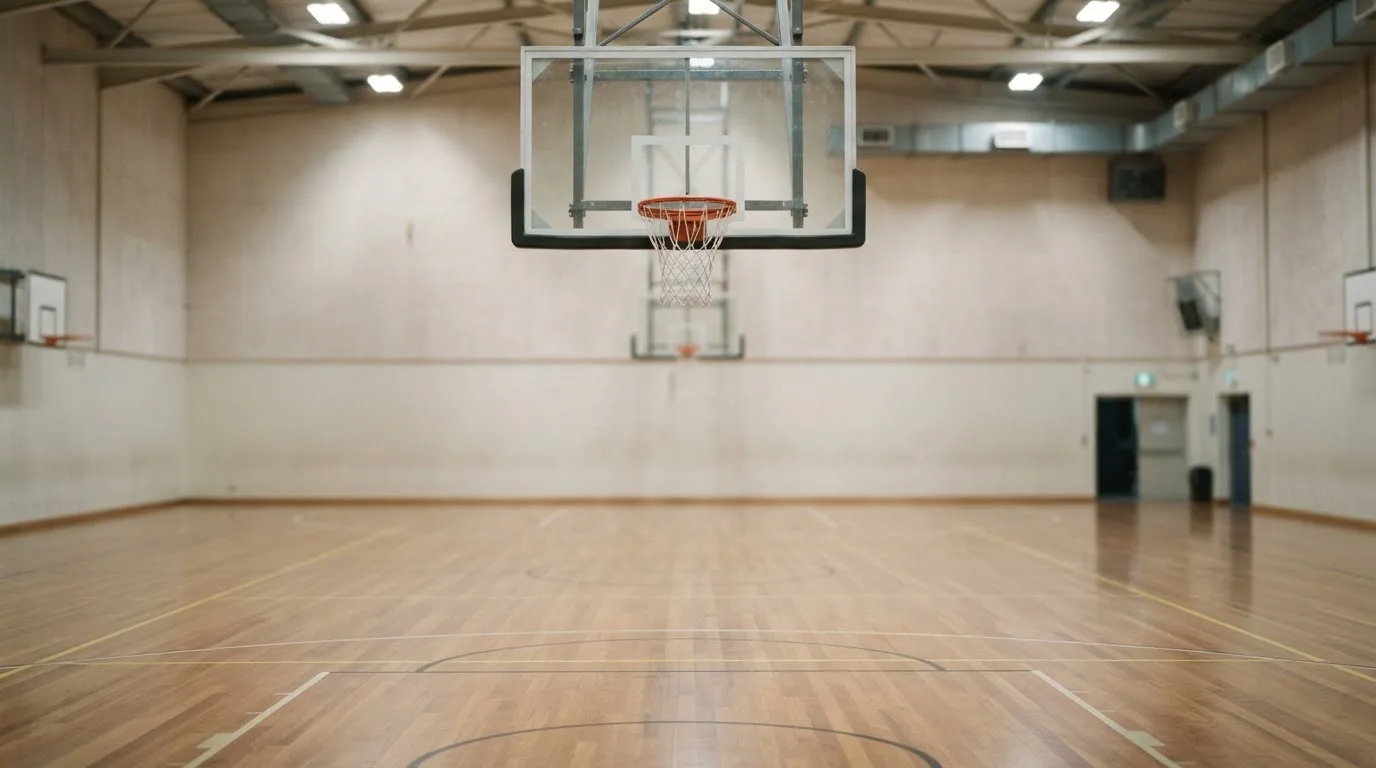 Ein Basketballkorb hängt in einer leeren Halle über einem Holzparkett, von der Decke fällt gleichmässiges Licht auf den Boden.
