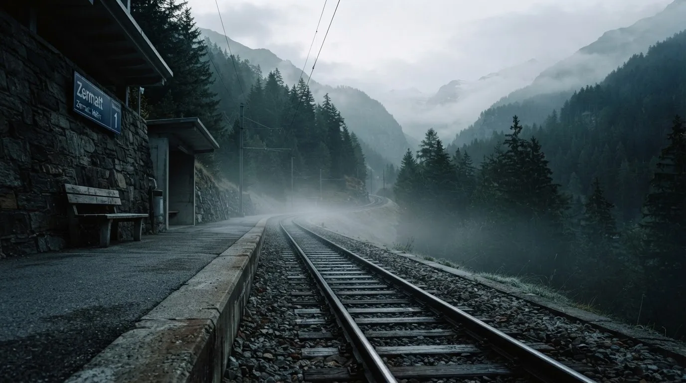 Ein leerer Bahnsteig in den Bergen mit zwei Gleisen, über den Schienen hängt Morgennebel und dahinter ragen dunkle Tannen auf.