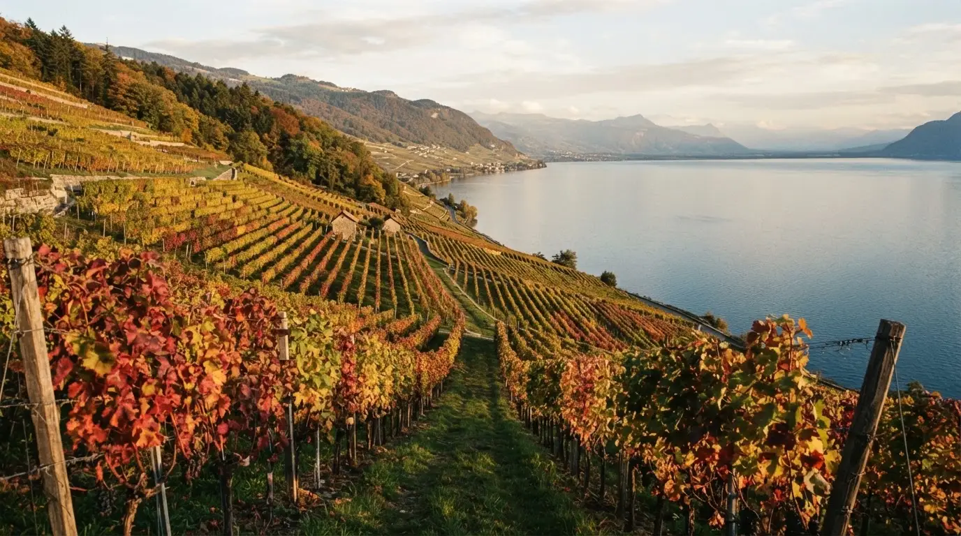 Rebzeilen ziehen sich im Herbstlicht einen Hang über einem See hinunter, die Blätter leuchten gelb und rot.