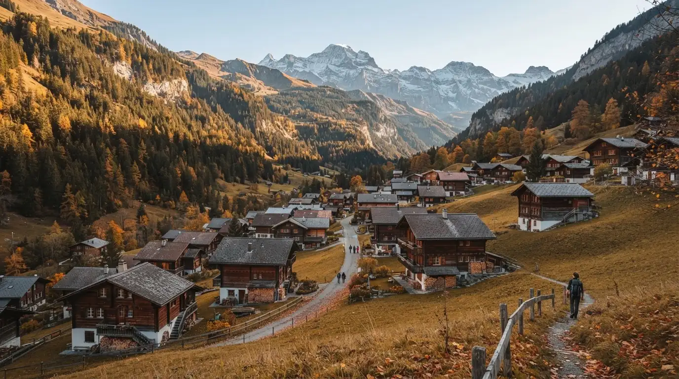 Ein kleines Dorf mit Holzhäusern liegt im Herbst in einem Tal, darüber ragen bewaldete Hänge und ein Bergkamm auf.
