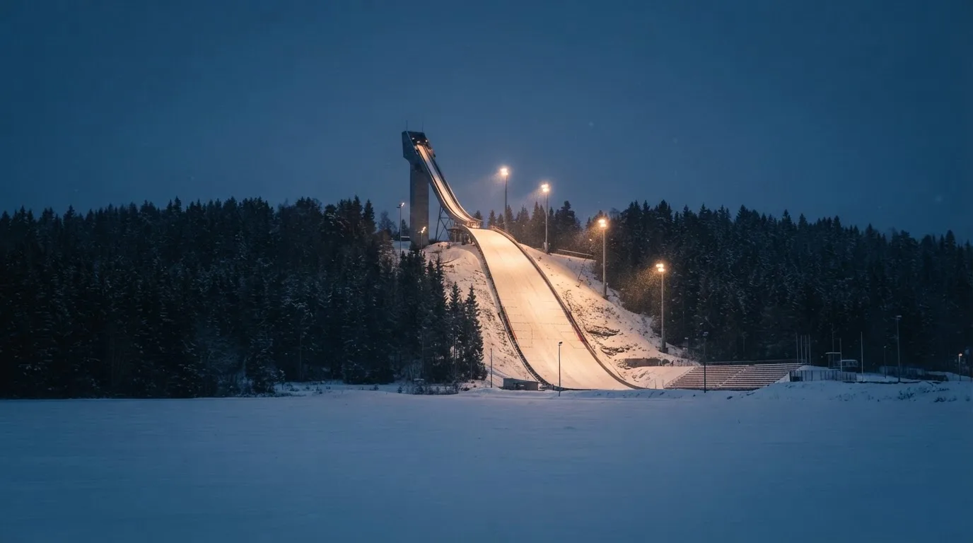 Eine Skisprungschanze steht am Abend im Flutlicht, aus der Ferne betrachtet, umgeben von dunklem Tannenwald und leichtem Schnee.