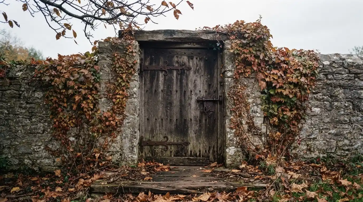 Eine geschlossene Holztür sitzt in einer alten Steinmauer, die Mauer ist von Efeu überwachsen, davor liegt Herbstlaub.