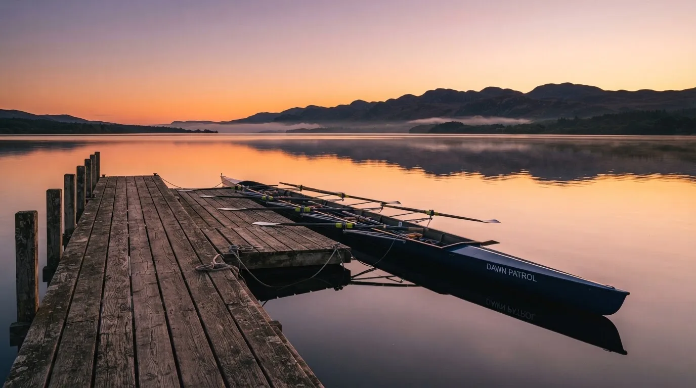 Ein leerer Ruder-Achter liegt bei Sonnenaufgang am Steg eines Sees, das Wasser ist spiegelglatt und der Himmel orange.