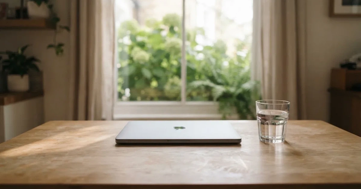 Ein geschlossener Laptop steht auf einem Küchentisch neben einem Wasserglas, durch das Fenster dahinter fällt weiches Tageslicht.