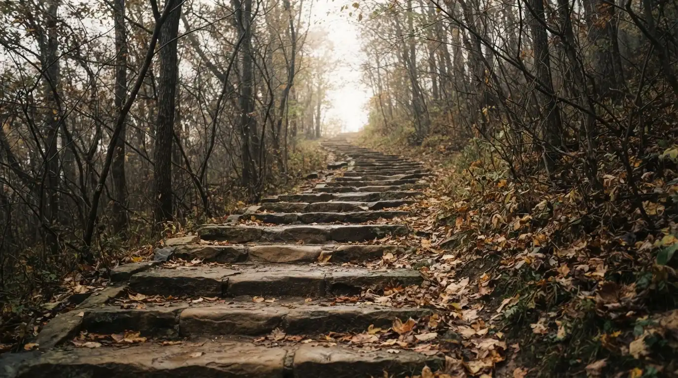 Eine Steintreppe führt einen Hügel hinauf, die Stufen sind mit Herbstlaub bedeckt und seitlich stehen kahle Bäume.