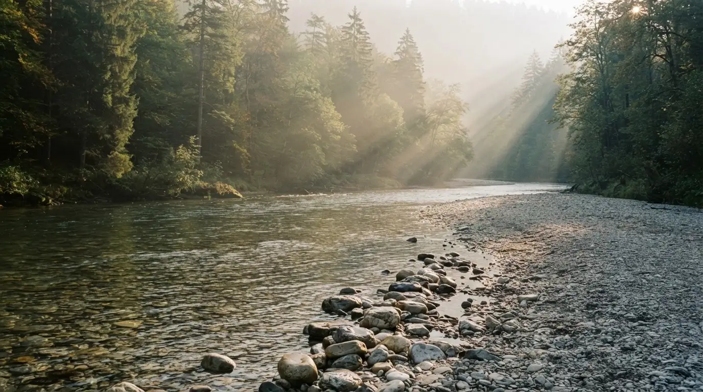 Ein Fluss mit breiter Kiesbank fliesst durch einen Wald, über dem Wasser hängt früher Nebel und Sonnenstrahlen brechen durch.