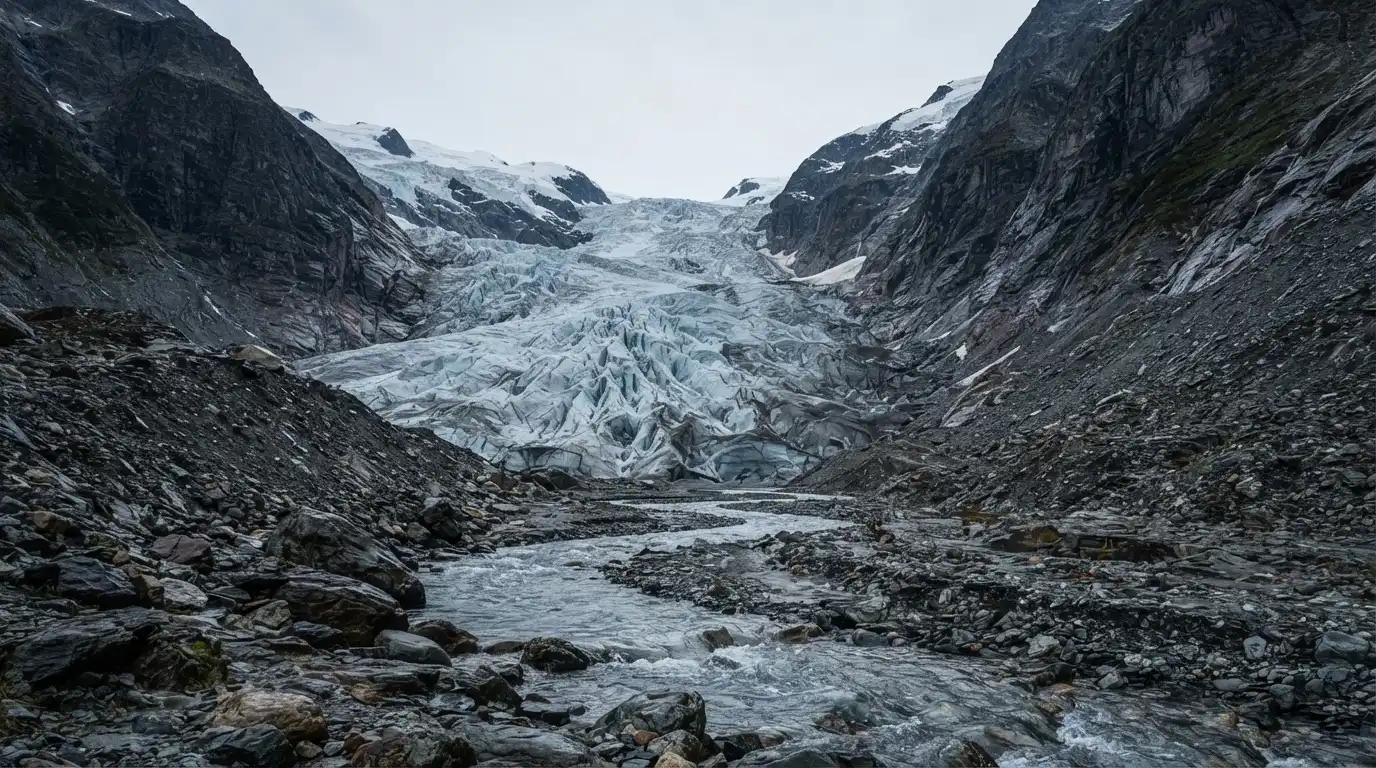 Ein Gletscher schiebt sich zwischen steile Felswände, im Vordergrund liegen Geröll und ein schmaler Bach in kaltem Licht.