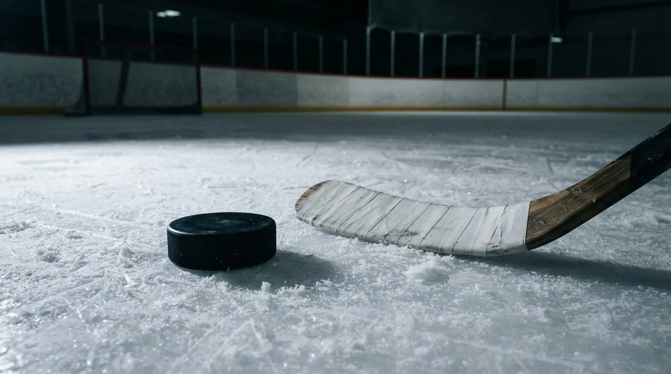 Ein Eishockeypuck liegt auf der Eisfläche neben dem Blatt eines Schlägers, die Bande dahinter ist im Dunkeln nur schwach zu erkennen.