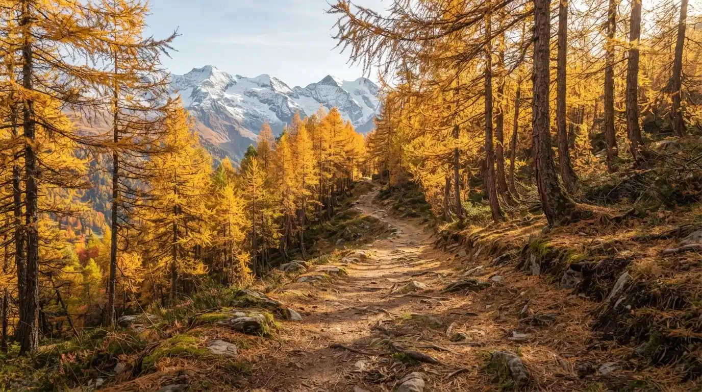 Ein Wanderweg schlängelt sich durch einen goldgelben Lärchenwald, in der Ferne sind schneebedeckte Berge zu sehen.