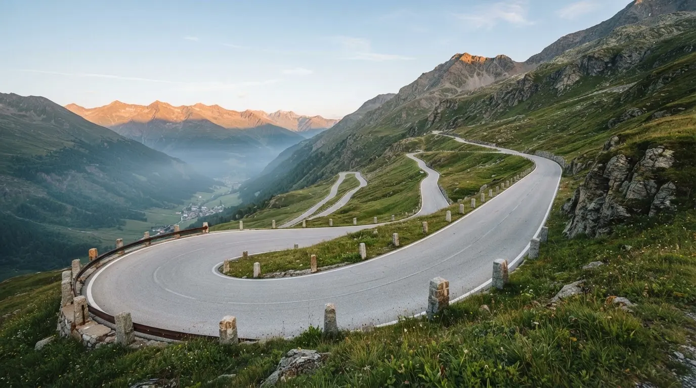 Eine leere Passstrasse mit Serpentinen windet sich im Morgenlicht einen Berg hinauf, am Rand stehen niedrige Steinpfosten.