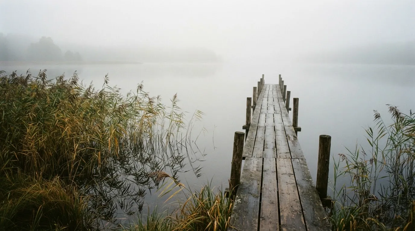 Ein Seeufer mit Schilf und einem schmalen Holzsteg liegt im Nebel, das Wasser ist ruhig und das andere Ufer kaum sichtbar.