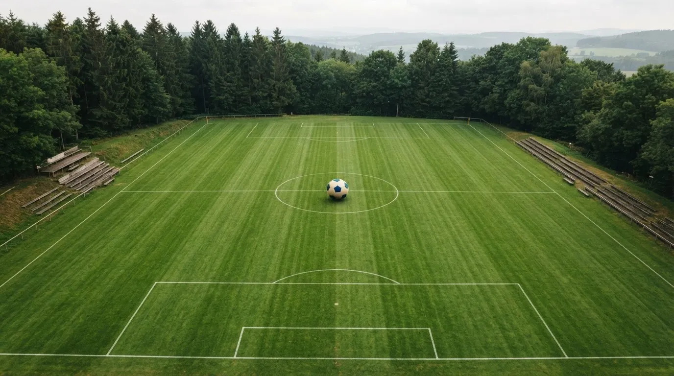 Ein Rasenplatz mit Spielfeldlinien ist von oben gesehen, ein einzelner Ball liegt in der Mitte, rundherum stehen leere Tribünen und Tannenwald.