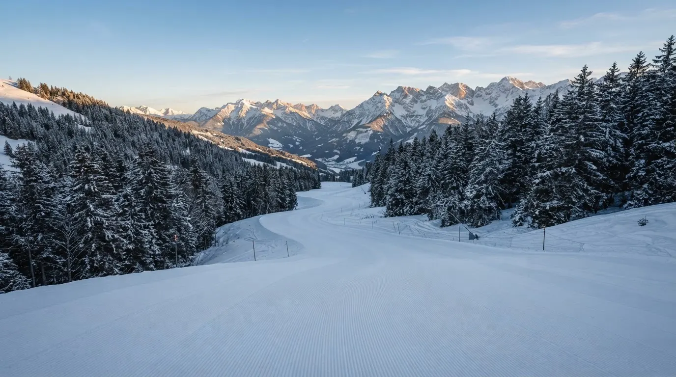 Eine frisch präparierte Skipiste liegt im Morgenlicht leer da, am Rand stehen verschneite Tannen und im Hintergrund Gipfel.
