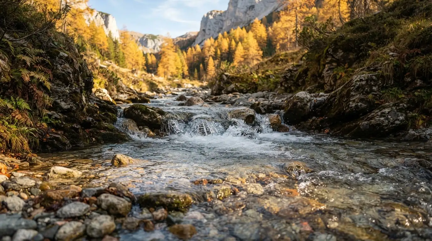 Ein Bergbach fliesst über glatte Steine durch ein enges Tal, an den Hängen leuchten Lärchen in gelbem Herbstlicht.
