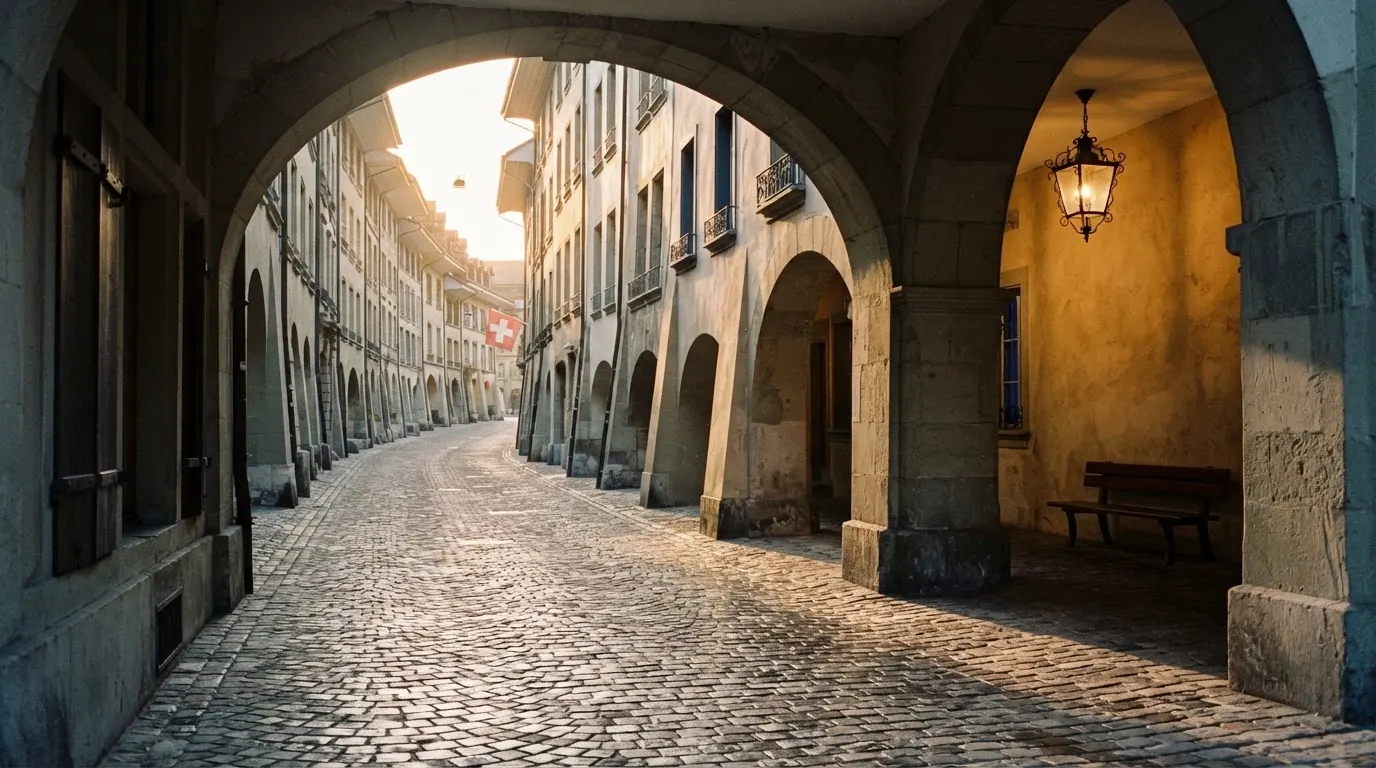 Eine kopfsteingepflasterte Gasse mit Arkaden in einer Schweizer Altstadt im frühen Morgenlicht, niemand ist unterwegs.