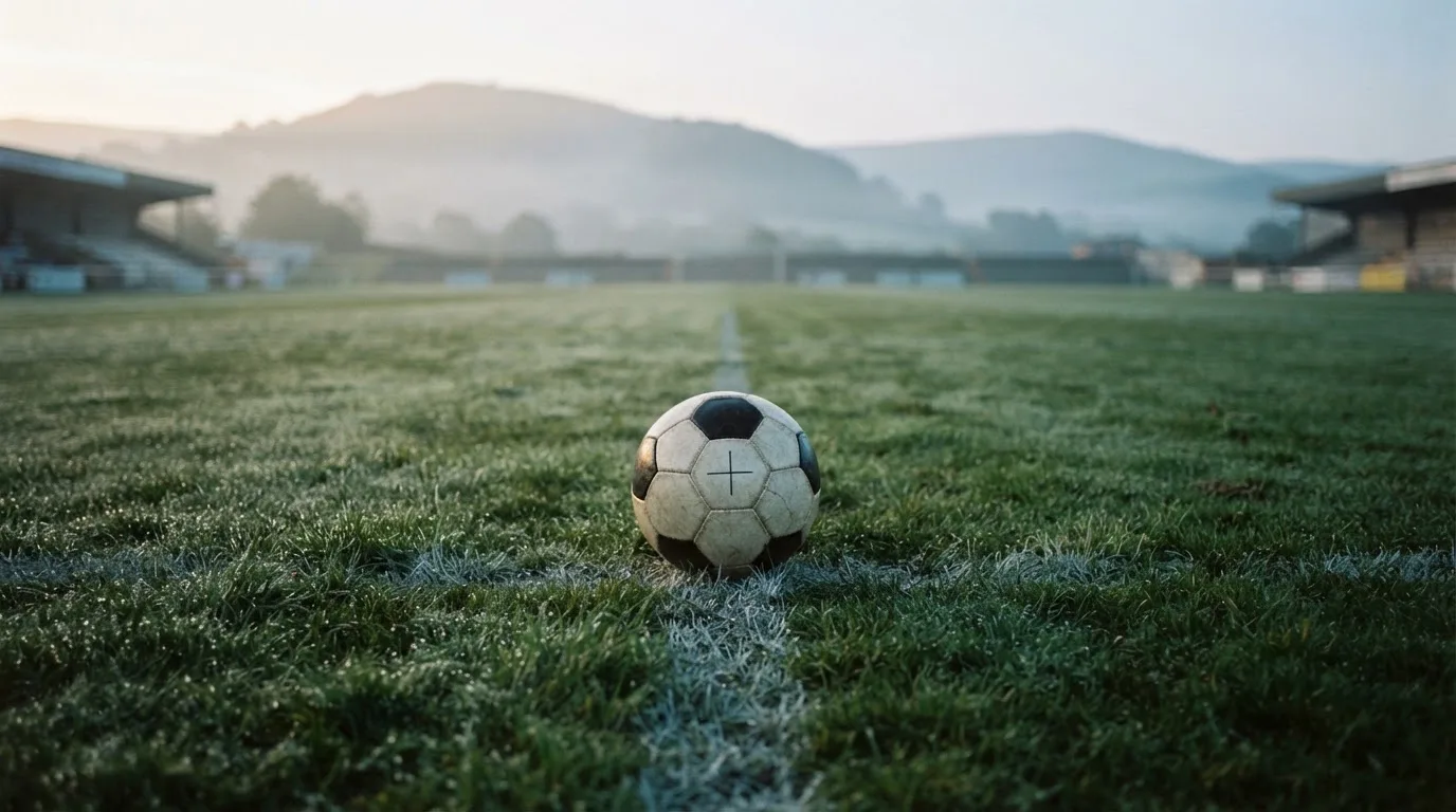 Ein Fussball liegt am frühen Morgen auf dem Anstosspunkt eines taunassen Rasens, im Hintergrund erheben sich Hügel im Dunst.