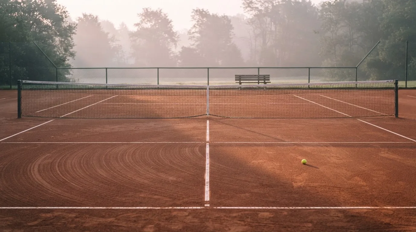Ein Tennisplatz im Morgengrauen mit gespanntem Netz und feinem Dunst über der roten Asche.