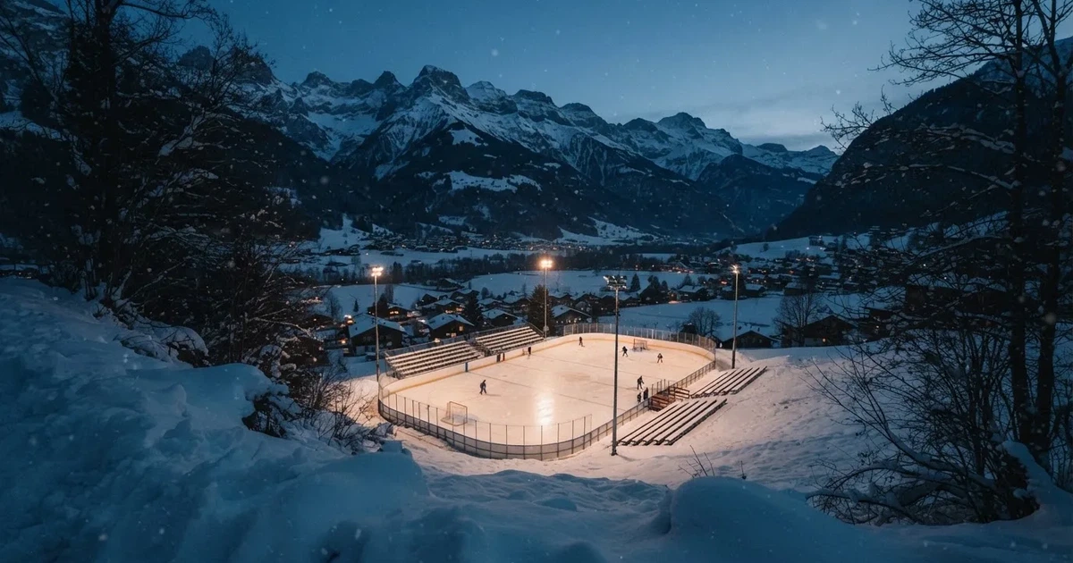 Eine Eisfläche unter Flutlicht in der Winterdämmerung, aus grosser Distanz von einem verschneiten Hang aus gesehen.