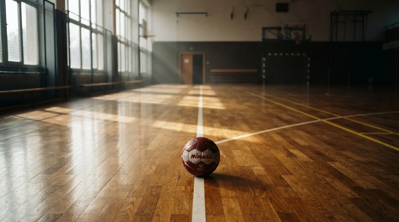 Der Boden einer Sporthalle aus poliertem Parkett mit einem einzelnen Handball in der Mitte, Licht fällt durch hohe Fenster.