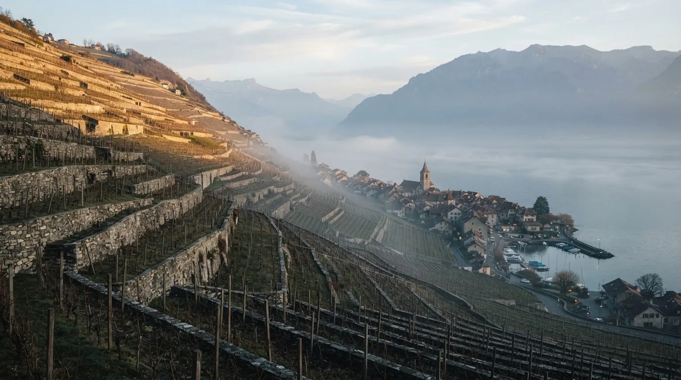 Terrassierte Weinberge über einem See im Morgendunst, am Ufer liegt ein kleines Dorf.