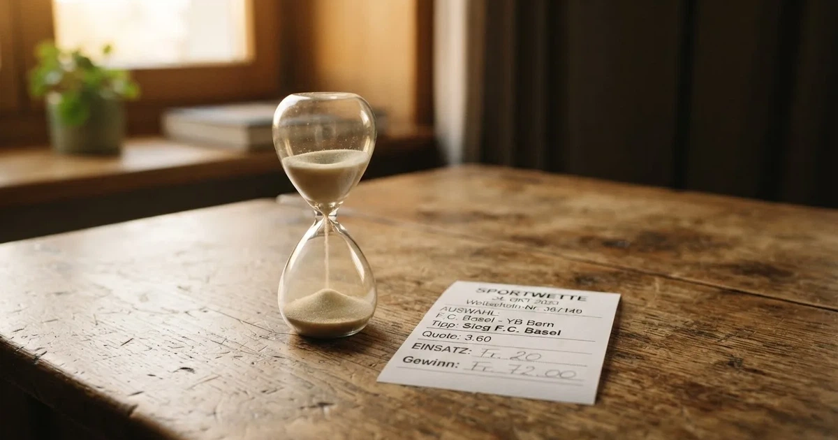 Ein kleiner Stapel Münzen neben einer Sanduhr auf einem Holztisch im weichen Fensterlicht.