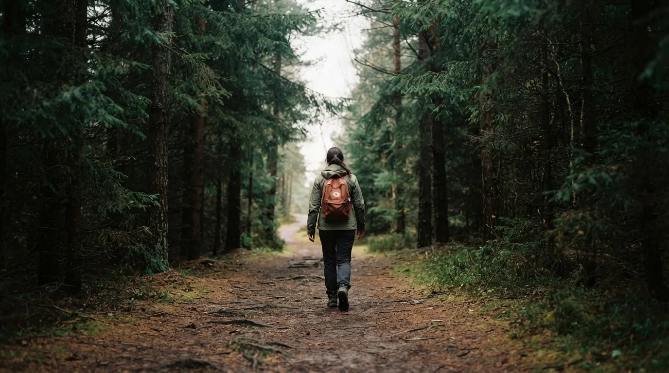 Eine Person von hinten auf einem Waldweg, die langsam zwischen hohen Tannen geht.