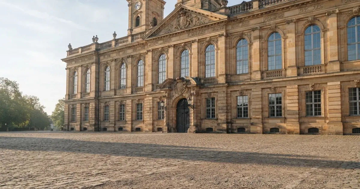Die Fassade eines Sandsteingebäudes mit hohen Fenstern im weichen Licht des Vormittags, davor ein leerer Platz.