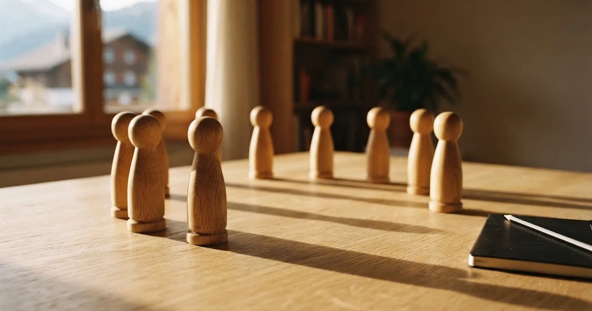 Acht gleiche Holzfiguren stehen in einem Kreis auf einem hellen Tisch im Seitenlicht.