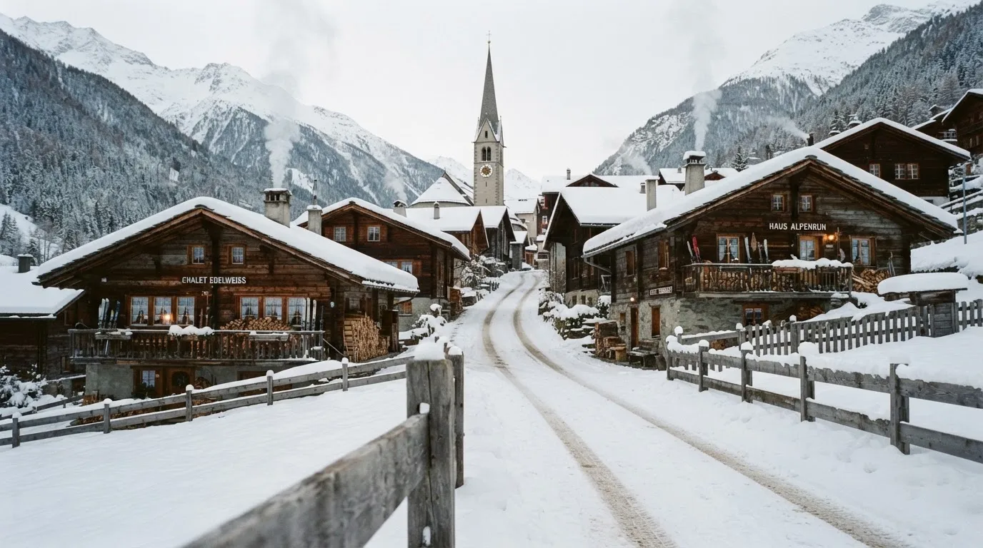 Eine verschneite Dorfstrasse mit Kirchturm im Hintergrund, Rauch steigt aus den Kaminen.