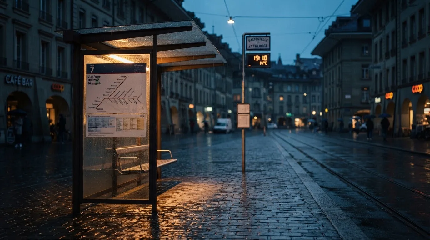Eine Tramhaltestelle in einer Schweizer Stadt bei Regen, nasses Pflaster spiegelt das Licht.