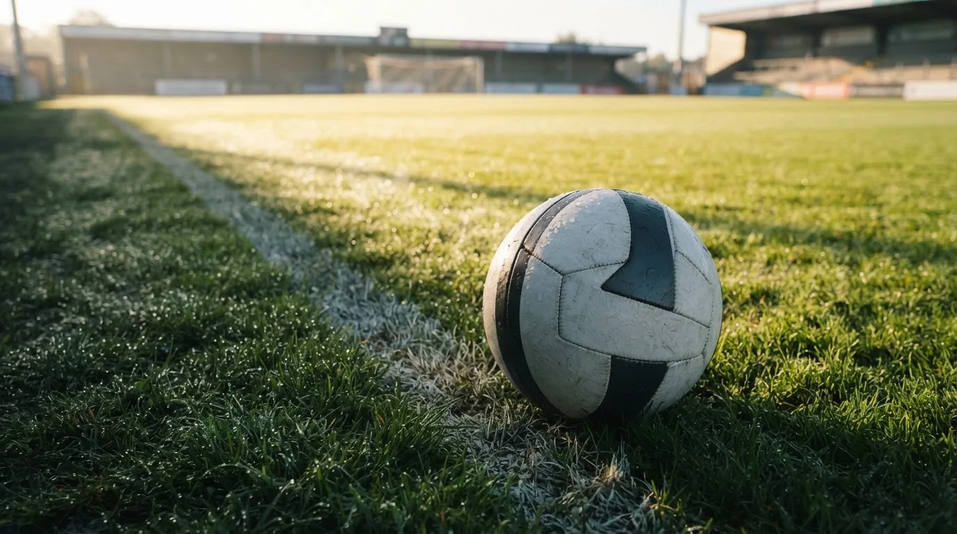 Ein Fussball ruht an der Seitenlinie im taufeuchten Gras, die ersten Sonnenstrahlen fallen schräg über den Platz.