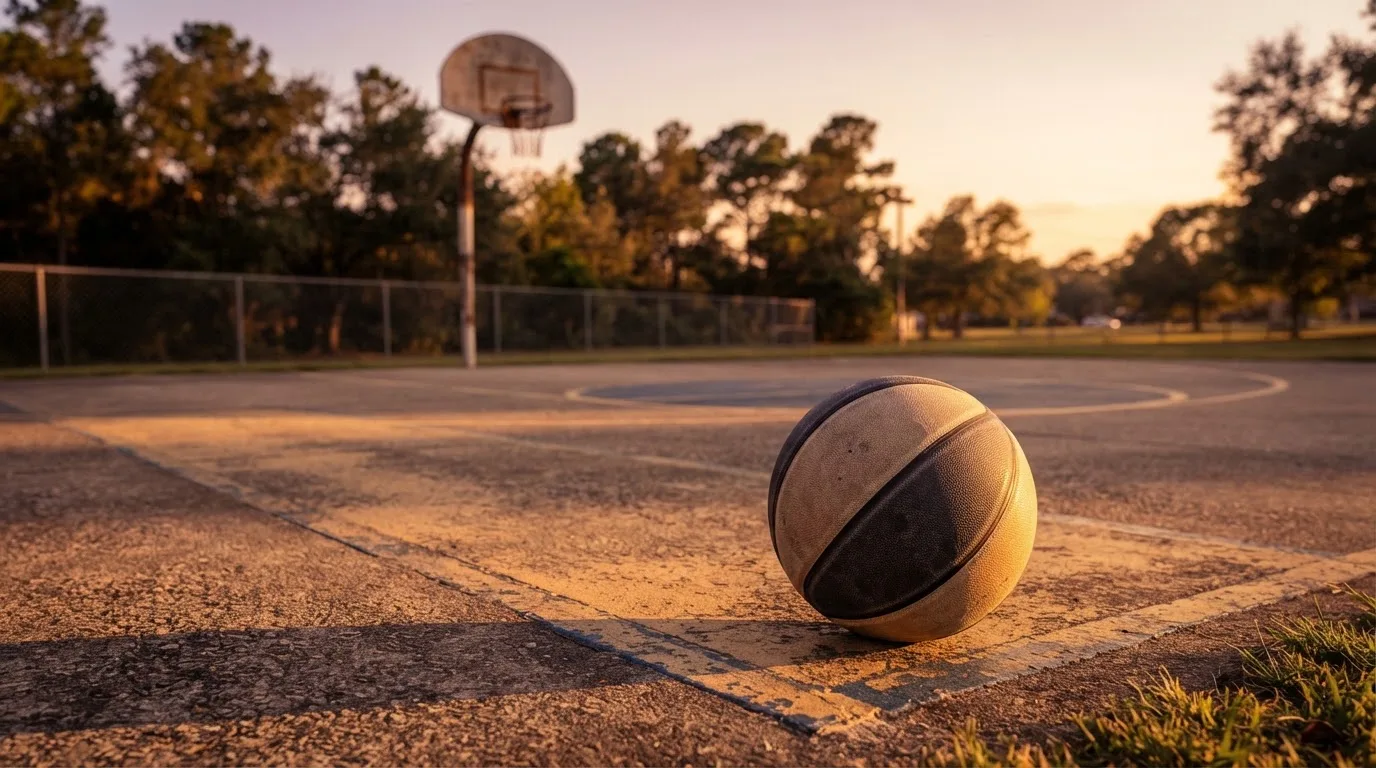 Ein Basketball liegt bei Sonnenuntergang auf einem leeren Aussenplatz, lange Schatten fallen über den Boden.