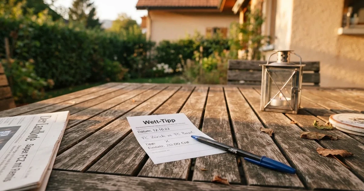 Ein leeres Wettschein-Papier und ein Kugelschreiber liegen auf einem Gartentisch auf einer Terrasse, daneben steht ein Windlicht.