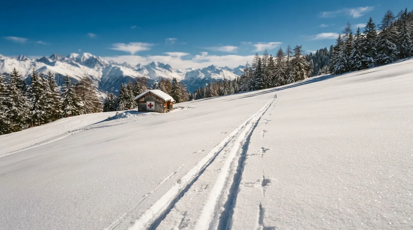 Skispuren im frischen Schnee an einem sonnigen Hang vor blauem Himmel.