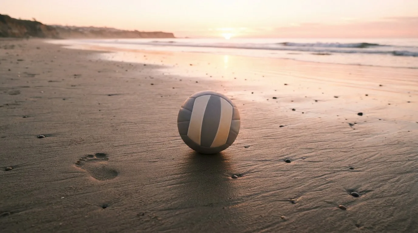 Ein Volleyball liegt auf feinem Sand an einem leeren Strand bei Sonnenaufgang.