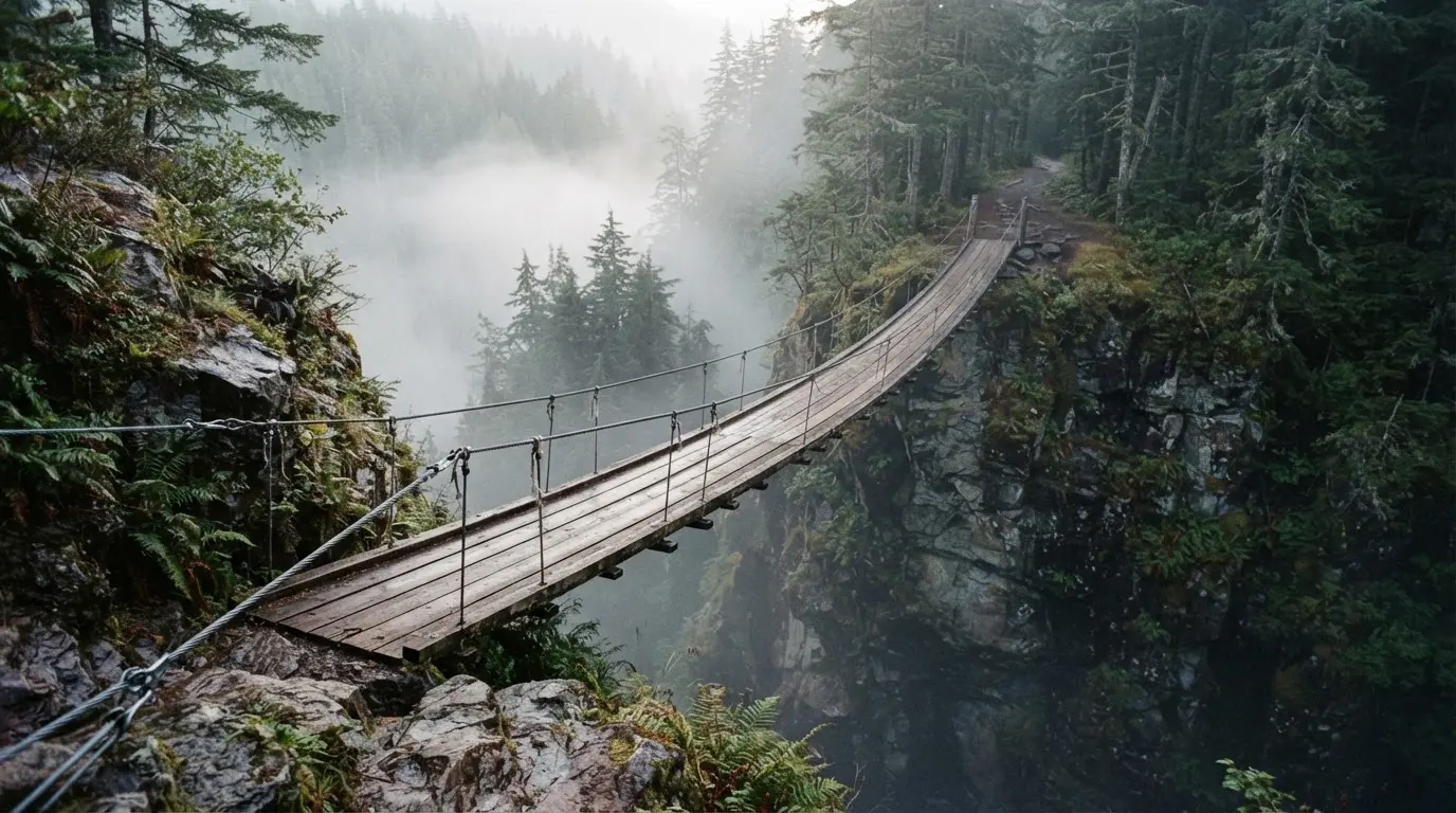 Eine Hängebrücke über eine tiefe Schlucht, aus dem Wald darunter steigt Nebel auf.