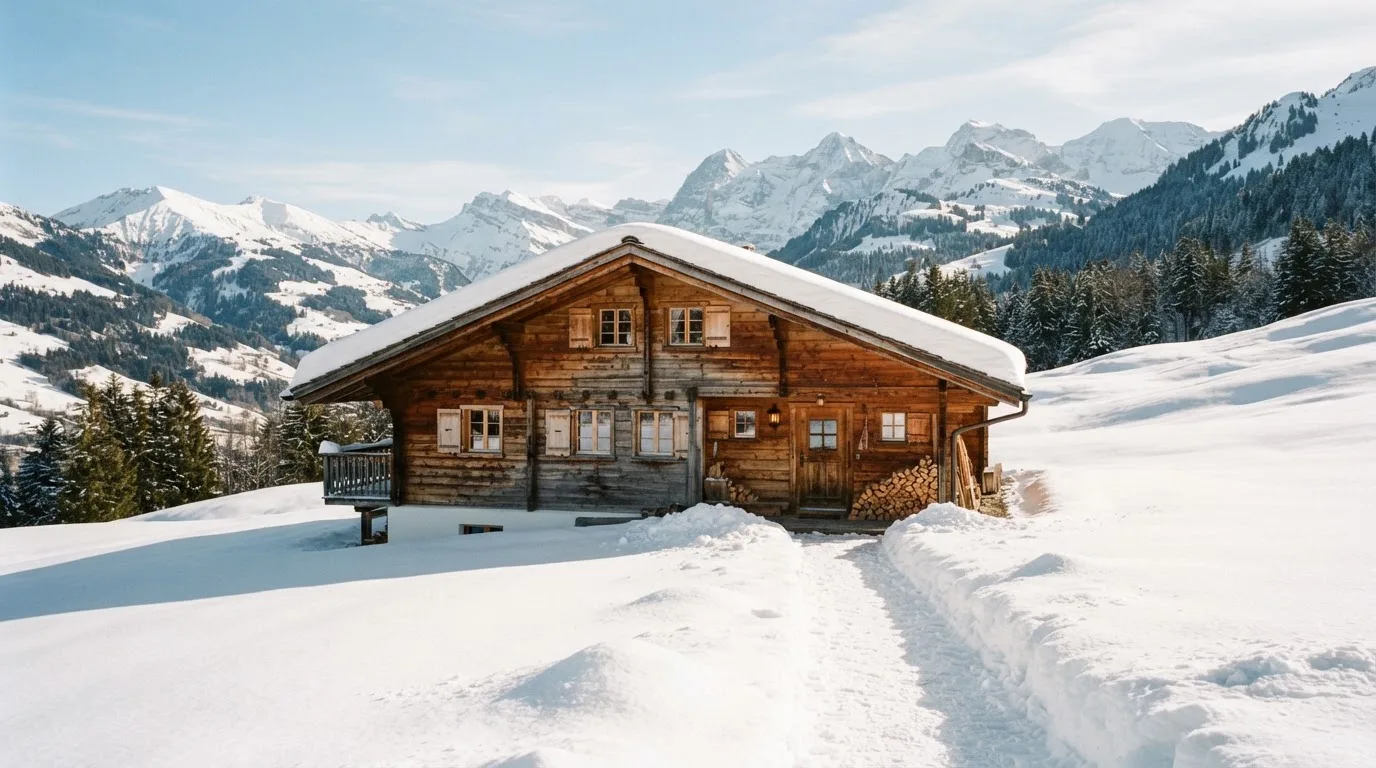 Ein Holzchalet mit Schnee auf dem Dach im klaren Sonnenlicht, davor ein geräumter Weg.
