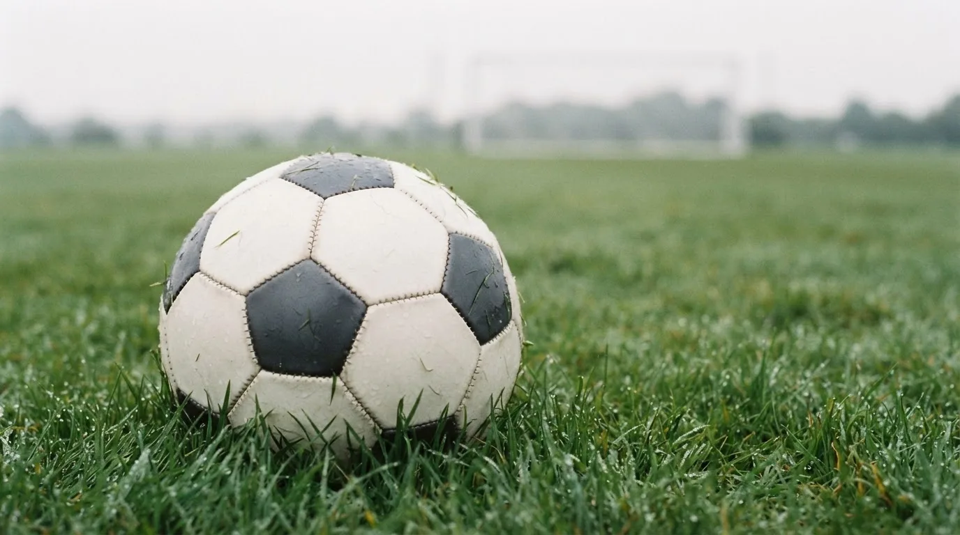 Ein Fussball auf dem Rasen aus niedriger Perspektive aufgenommen, die Torpfosten verschwimmen im Hintergrund.