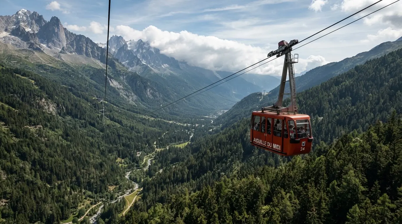 Eine Gondel einer Seilbahn schwebt über einem Tal mit Nadelwald, dahinter ziehen Wolken auf.