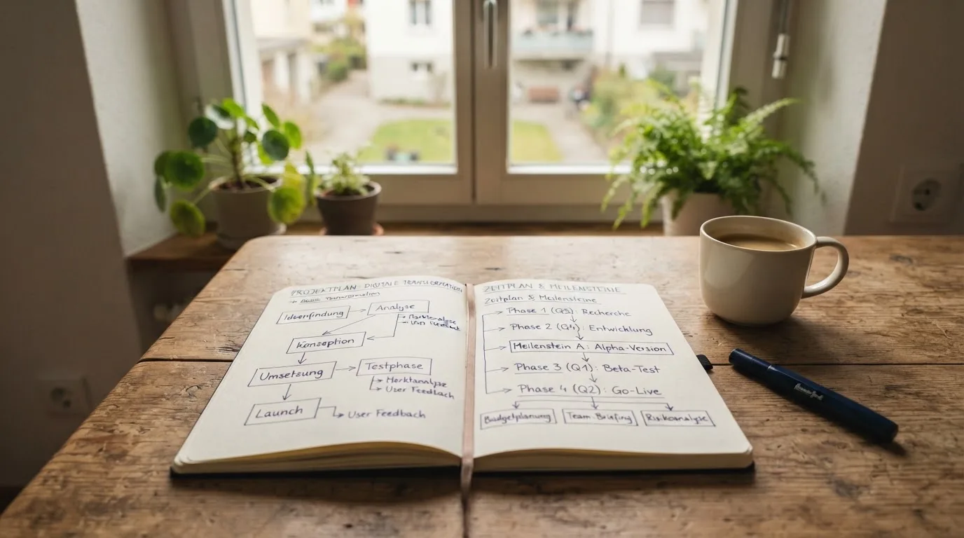 Ein aufgeschlagenes Notizbuch mit handschriftlichen Pfeilen und Kästchen liegt neben einer Kaffeetasse auf einem Schreibtisch am Fenster.