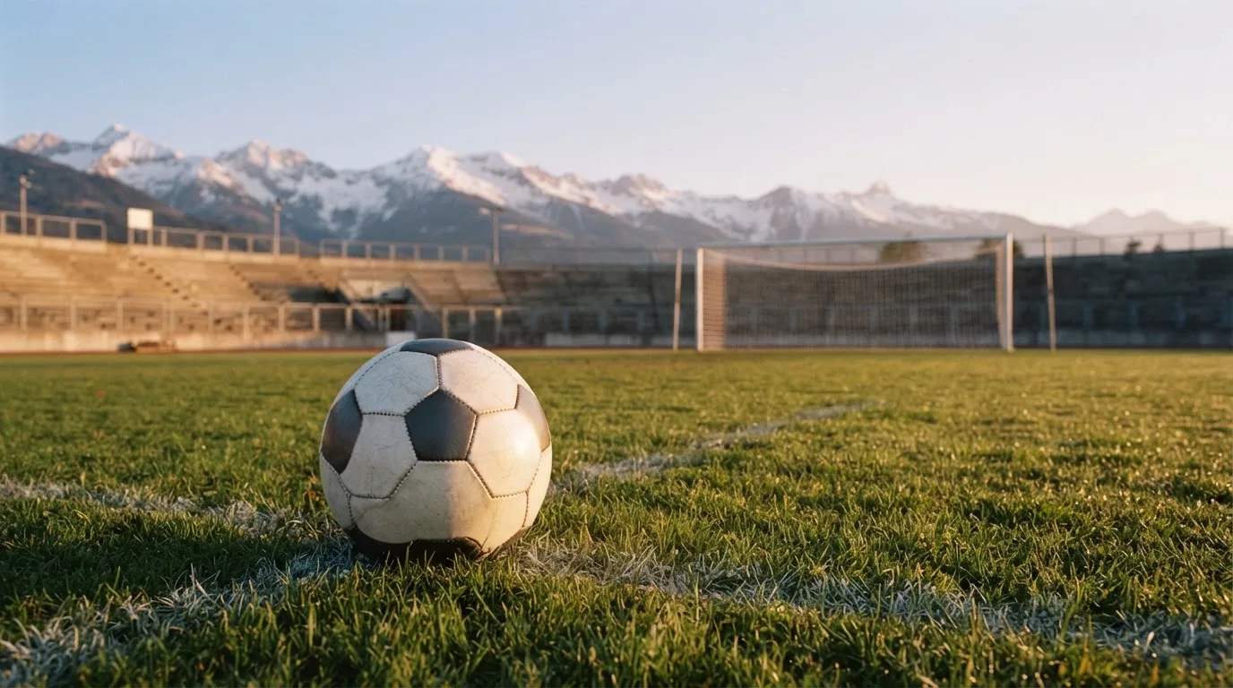 Ein Fussball liegt auf dem Rasen eines leeren Stadions am frühen Abend, dahinter erheben sich schneebedeckte Berge unter klarem Himmel.
