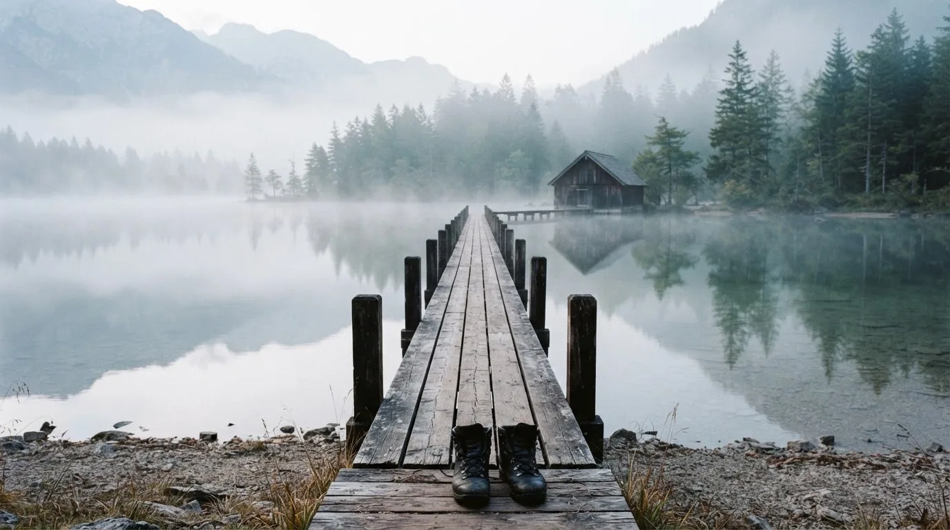 Ein Holzsteg führt über einen ruhigen Bergsee zu einem kleinen Bootshaus, über dem Wasser hängt Morgennebel.