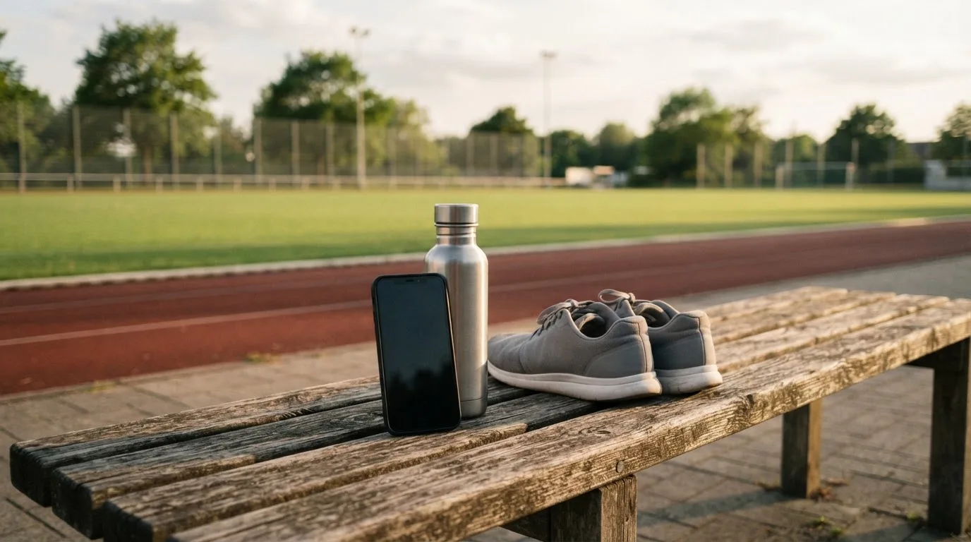 Ein Smartphone mit dunklem Bildschirm lehnt an einer Wasserflasche, daneben stehen Laufschuhe auf einer Bank am Sportplatz.