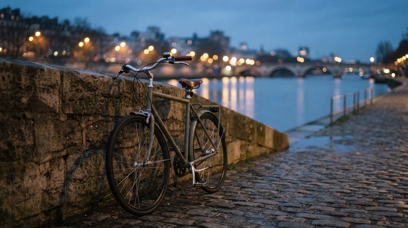 Ein Velo lehnt an einer Steinmauer am Ufer eines Flusses, die Strassenlaternen leuchten in der Dämmerung.